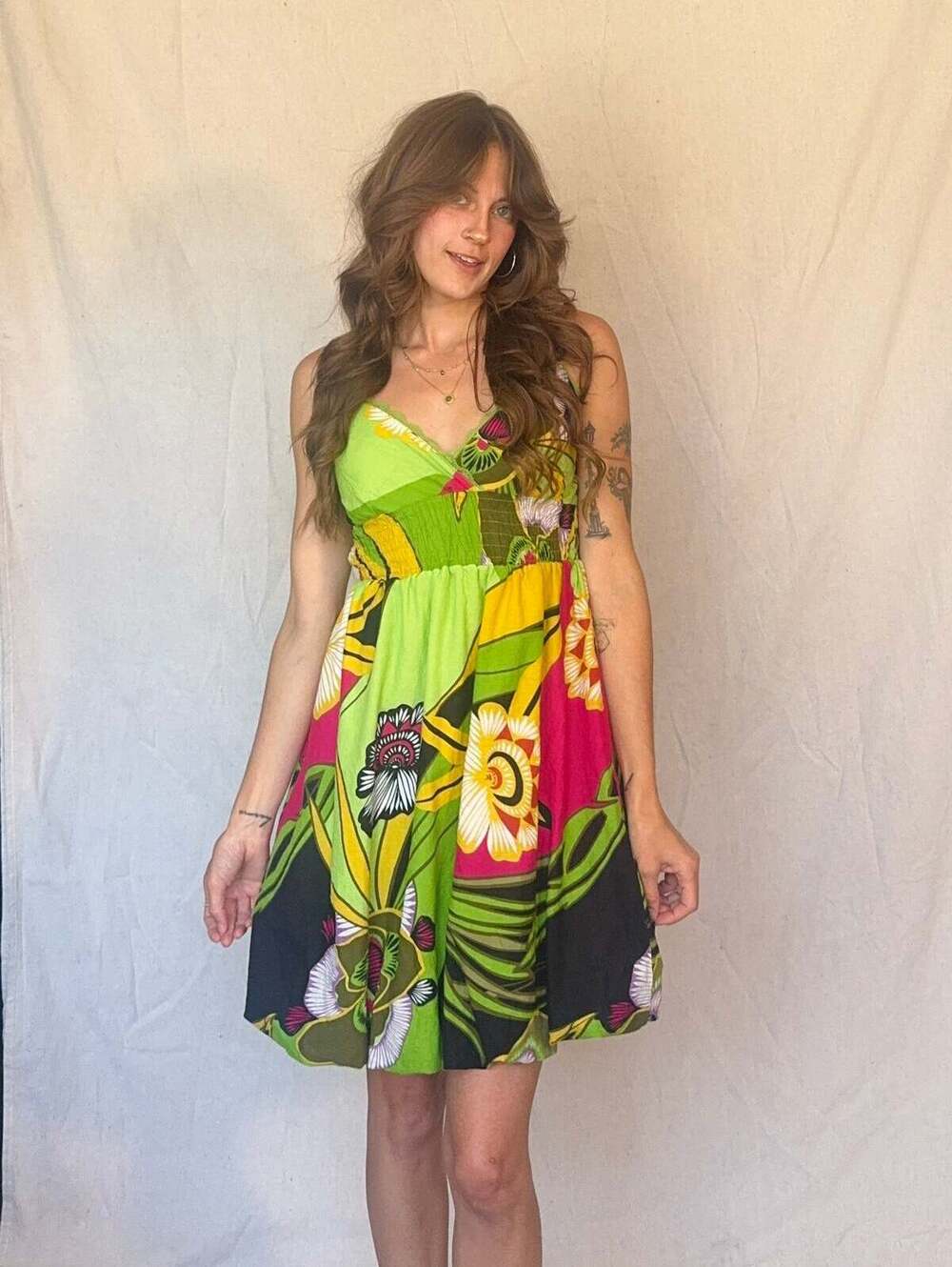 Y2K Green Pink Cotton Floral Strappy Sundress